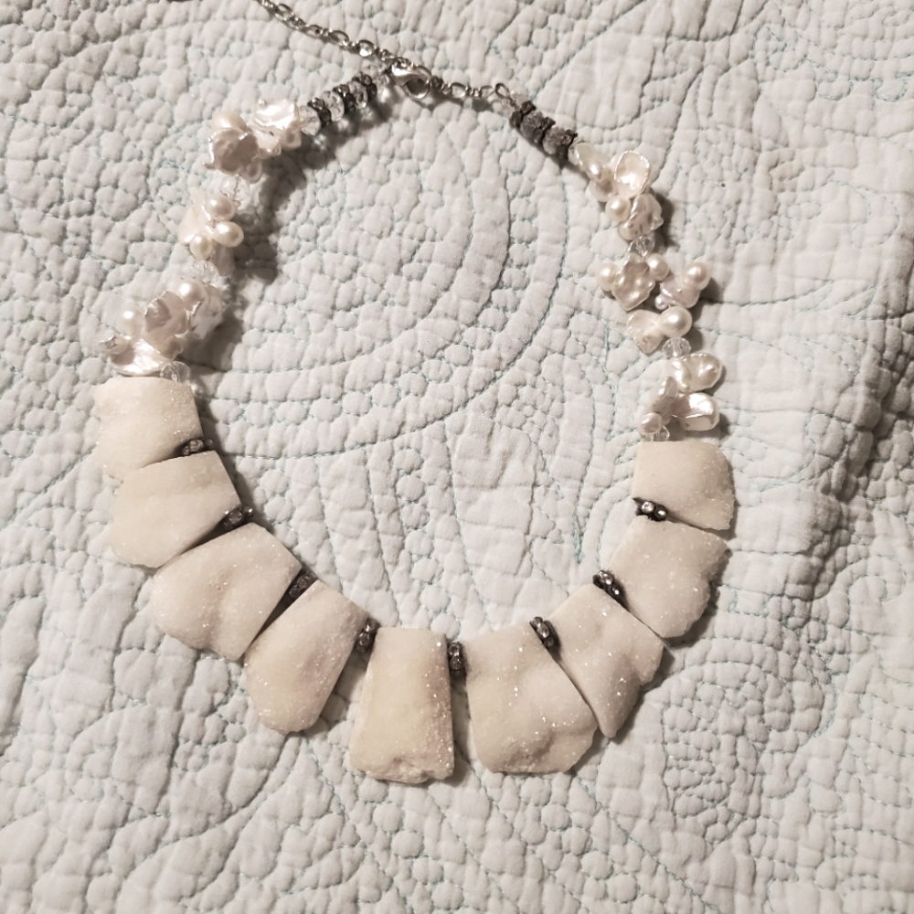 Quartz freshwater pearl and Rhinestone Necklace